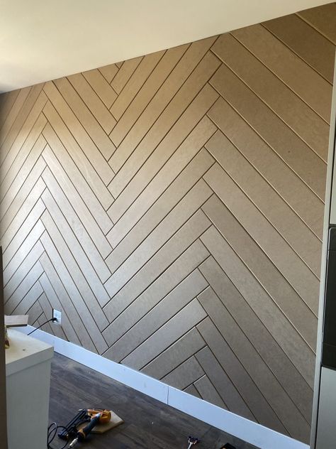 Herringbone Accent Wall - DIY - Home With Krissy Vinyl Wall Design Ideas, Shiplap Diagonal Wall, Chevron Panel Wall, Herribone Accent Wall, Black Shiplap Wall Office, Heiring Bone Accent Wall, Accent Walls Hallway, Diy Decorative Wall Panels, Small Space Accent Wall