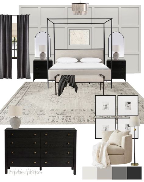 Restoration Hardware Bedroom Ideas, Restoration Hardware Style Bedroom, Restoration Hardware Bedroom Inspiration, Black Canopy Bedroom Ideas, Modern Glam Bedroom Decor, Modern Glam Bedroom, Restoration Hardware Bedroom, Spanish Style Home Interior, Bedroom Mood Board