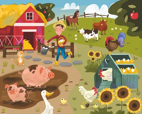 Farm Life on Behance Farm Cartoon, Animal Illustration Kids, 동화 삽화, Farm Kids, Farm Art, Farm Scene, Art Drawings For Kids, Farm Yard, Childrens Illustrations