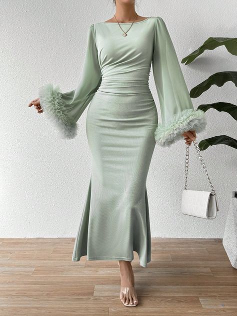 SHEIN Privé Trumpet Sleeve Lace Trim Mermaid DressI discovered amazing products on SHEIN.com, come check them out! Shefong Dress, Mint Green Dress Outfit Wedding, Mint Green Dress Outfit, Mint Green Dresses, Black Formal Midi Dress, Mint Green Outfits, Green Dress Outfit, Long Sleeve Chiffon Dress, Mint Green Dress