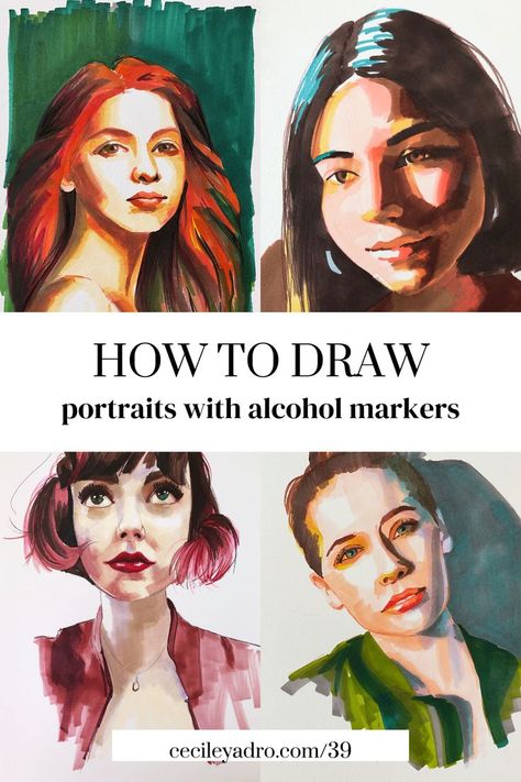 How to draw portraits with alcohol markers How To Draw Hair With Alcohol Markers, Sketchbook Ideas Alcohol Markers, Marker Alcohol Art, Alcohol Ink Marker Drawings, Portrait With Markers, Marker Portrait Drawing, Marker Art Portrait, Art With Markers Ideas, Alcohol Marker Portrait