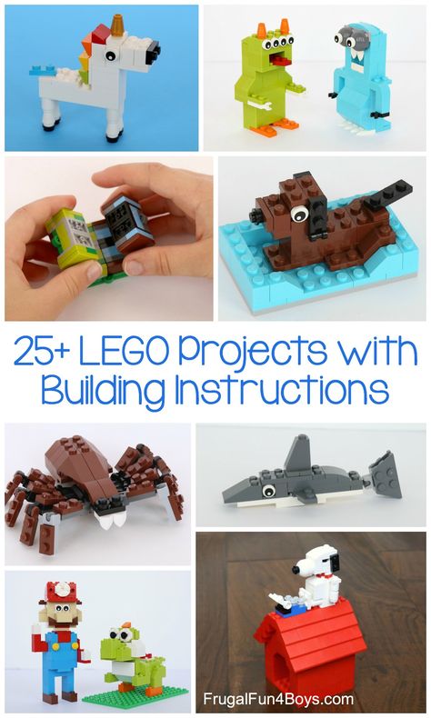 Got a big tub of LEGO bricks? Try these project ideas!  LEGO projects to build with building instructions Lego Classic Ideas Step By Step, Lego Build Instructions, Lego Instructions Step By Step Printable, Lego Animals Easy, Small Lego Ideas, Lego Easy Ideas, Simple Lego Creations, Small Lego Builds, Lego House Instructions