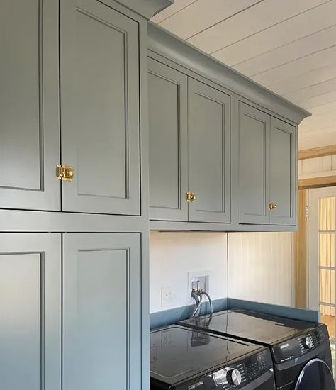 Van Courtland Blue Painted Cabinets Light Blue Cabinet Paint Colors, Blue Gray Laundry Room Cabinets, Sw Cadet Cabinets, Painted Office Cabinets, Benjamin Moore Van Court Land Blue, Dusty Blue Built Ins, Blue Walls Bathroom Ideas, Patagonia Portola Paints, Kentucky Haze Benjamin Moore