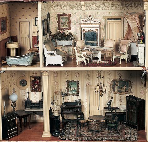 A Twelve-Room Dollhouse with Antique Furnishings Victorian Dollhouse Interior, Victorian Dollhouse Furniture, French Doll House, Fairfield House, Dollhouse Rooms, Dollhouse Decorating, Antique Dollhouse, Doll House Plans, Victorian Dollhouse