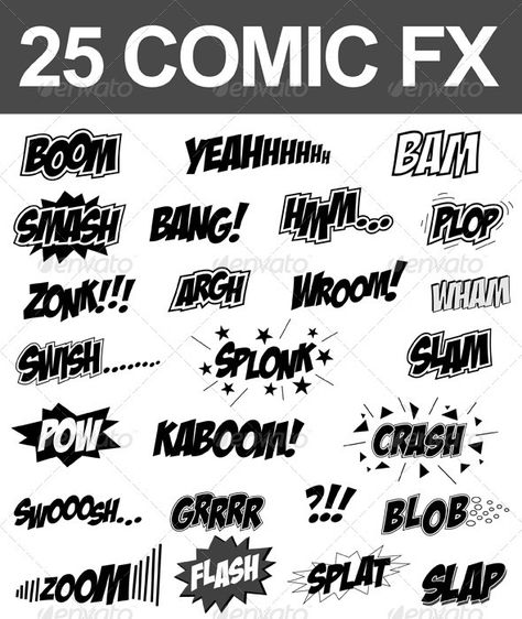 25 Comic Sound FX (Vector Set) — Vector EPS #smash #Zonk • Available here → https://graphicriver.net/item/25-comic-sound-fx-vector-set/2715324?ref=pxcr Comic Book Art Style Tutorial, Comic Sound Effects, Comic Tips, Make A Comic Book, Draw Comic, Comic Template, Sketch Comic, Comic Book Template, Comic Design