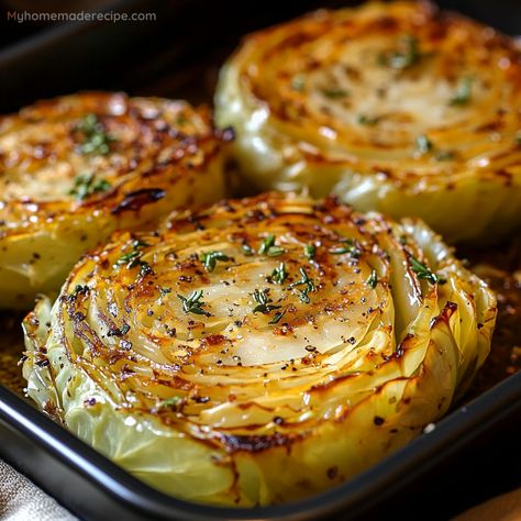 Oven Cabbage Steaks, Roasted Cabbage Steaks Oven, Baked Cabbage Wedges, Cabbage Steak, Baked Cabbage Steaks, Cabbage Steaks Recipe, Baked Olives, Roasted Cabbage Steaks, Scalloped Potato