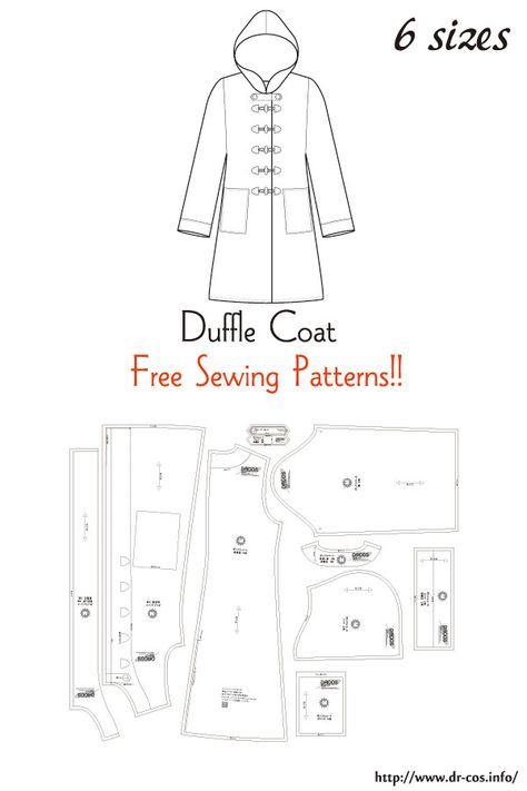 This is the pattern of a Duffle Coat. cm size(A4 size) Children's-100,120,140/Ladies'-S,M,L Ladies Jacket Pattern Sewing, Free Raincoat Pattern, Ladies Coat Pattern, Free Hoodie Sewing Pattern, Free Coat Pattern, Coat Patterns Sewing Women Free, Coat Free Pattern, Hooded Coat Pattern, Winter Coat Pattern