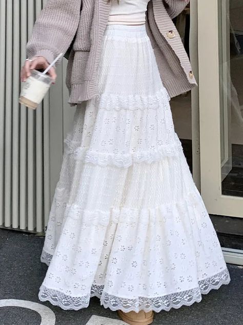 Midi Dress Autumn, Lace Long Skirt, Long Ruffle Skirt, Long Lace Skirt, Casual Maxi Skirt, Ruffles Skirt, Long Skirt Casual, White Lace Skirt, White Long Skirt