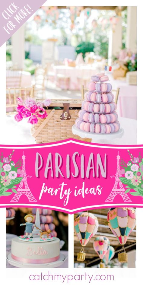 Take a look at this wonderful Parisian birthday party! The hot air balloon decorations are so impressive! See more parties ideas and share yours at CatchMyParty.com#catchmyparty #partyideas #france #parisianparty #paris #girlbirthdayparty Parisian Cafe Birthday Party, Paris Tea Party Birthday, Paris Theme First Birthday Party, Parisian 1st Birthday Party, Oui Oui Three Birthday, Macaroon Birthday Party Theme, Bonjour To 4 Birthday, La Vie En Rose Party, French Patisserie Party