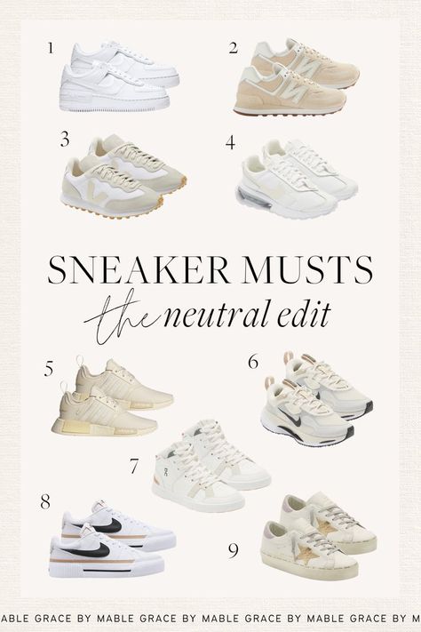 9 Neutral Sneakers You Need in Your Closet Womans Sneaker Outfit, Summer White Sneakers Outfit, Basic Sneakers For Women 2023, Go To Shoes, Tennis Shoes 2023 Trends, Trendy White Shoes For Women, Everyday White Shoes, Every Day Shoes Women, Staple Sneakers For Women