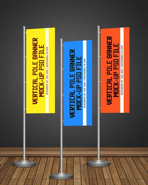 Free POS Vertical Flag / Pole Banner Mock-up PSD Standing Banner Design, Printable Banner Template, Catalogue Design Templates, Outdoor Advertising Mockup, Pole Banners, Banner Mockup, Street Banners, Indoor Banner, Custom Birthday Banners