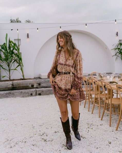 S P E L L on Instagram: “Our girl @christinamacpherson at our Sundown Soirée wearing our Sundown Tunic styled belted, landing tomorrow ✨” Cowgirl Wedding, Wedding Guest Outfit Fall, Spell Dresses, Wedding Attire Guest, Puff Long Sleeves, Backless Maxi Dresses, Patchwork Dress, Tunic Styles, Pink Mini Dresses