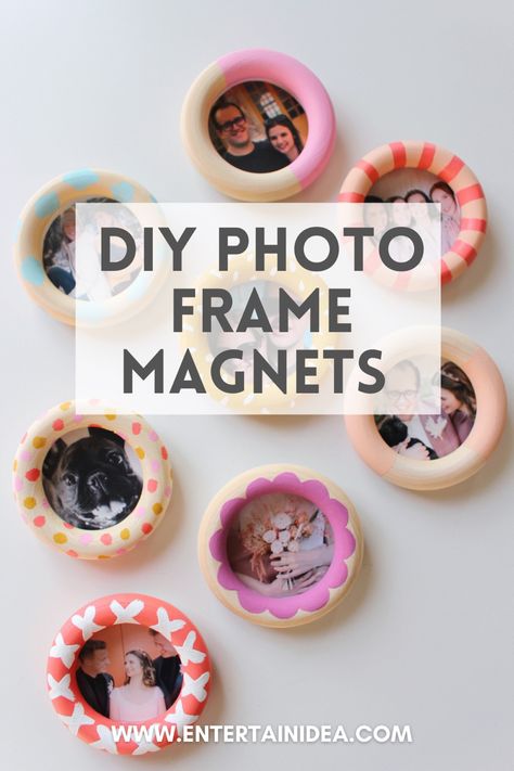 Crafts To Do With Pictures, Craft Picture Frames, Crafts Using Wooden Rings, Crafts With Curtain Rings, Craft Magnets, Craft Photo Frames, Small Wooden Ring Crafts, Picture Frame Craft Ideas, Picture Crafts