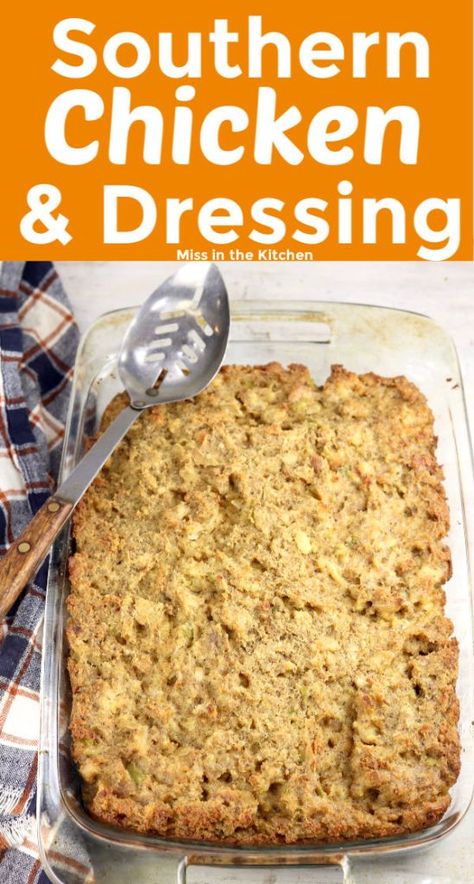 Chicken and Dressing {Southern Style} - Miss in the Kitchen Dressing Southern Style, Southern Chicken And Dressing, Budget Salad, Southern Dressing Recipe, Chicken Dressing Recipe, Cornbread Dressing With Chicken, Chicken And Dressing, Chicken And Dressing Casserole, Dressing Recipes Thanksgiving