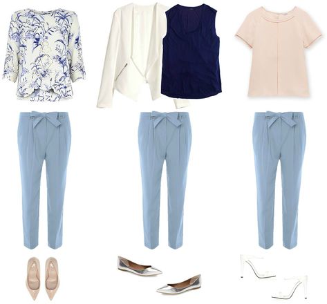 Light Blue Pant Outfits For Women, Powder Blue Trousers Outfit, Slate Blue Pants Outfit, Blue Pants Women Outfit, Pastel Blue Pants Outfit, Outfits With Light Blue Pants, What To Wear With Light Blue Pants, Light Blue Dress Pants Outfit, Light Blue Slacks Outfit Women