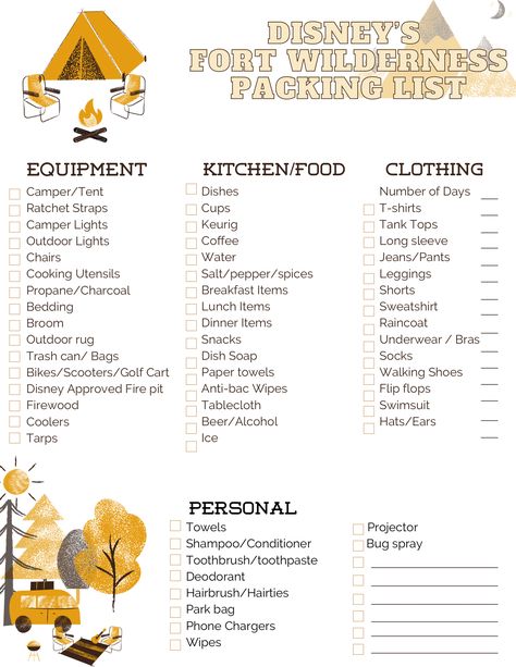 Disney’s Fort Wilderness Campground - Packing list Cabin Packing List, Disney Fort Wilderness Campground, Fort Wilderness Cabins, Fort Wilderness Campground, Outdoor Snacks, Disney Fort Wilderness Resort, Fort Wilderness Disney, Camping Essentials List, Disney Camping