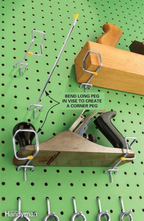 Corner-on Pegboard Hooks Pegboard Garage, Pegboard Storage, Garage Organization Tips, Peg Hooks, Woodshop Organization, Tools Storage, Garage Organize, Storage Idea, Storage Tips