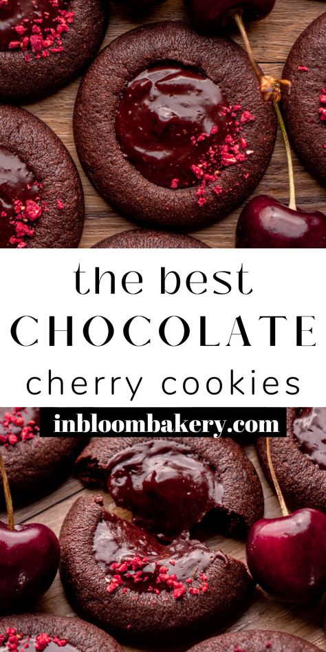 These are the best chocolate cherry cookies! They're fudgy chocolate thumbprint cookies, filled with chocolate cherry ganache. Cherry Ganache, In Bloom Bakery, Bloom Bakery, Chocolate Cherry Cookies, Chocolate Thumbprint Cookies, Valentines Baking, Cherry Cookies, Cherry Desserts, Lost 100 Pounds