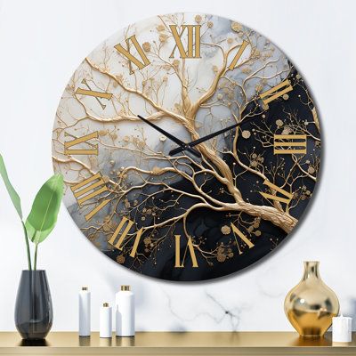 A beautiful addition to any home or office, this "Airabella" round wall clock is made of 100% solid aluminum. It has a highly reflective glossy finish creating a sleek modern look. This traditional wall clock arrives completely ready to hang on the wall. Simply insert the "AA" battery that is included with your order. This floral oversized clock makes it the focal point of any room. Size: Large | East Urban Home Dugway Metal Wall Clock Metal in Yellow | 29 H x 29 W x 1 D in | Wayfair Branch Tree, Traditional Wall Clocks, 3d Wall Clock, Monochrome Wall, Golden Tree, Oversized Wall Clock, Wood Wall Clock, Round Wall Clocks, Metal Wall Clock