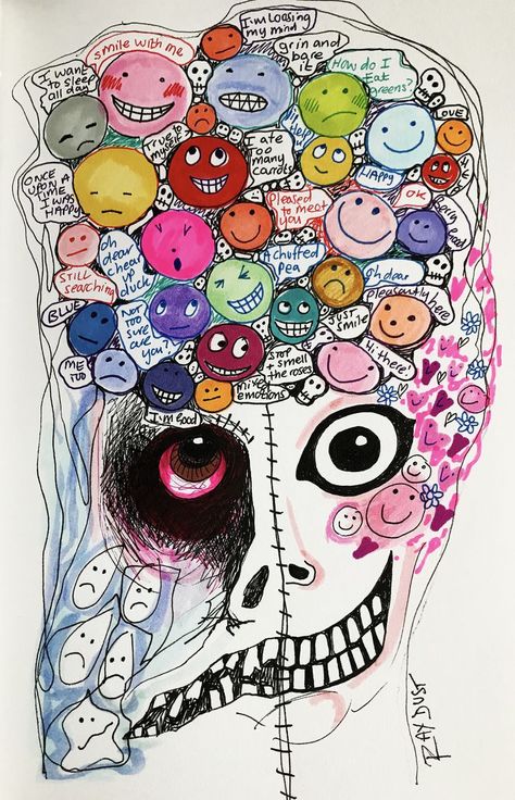 "Mixed Emotions" by Ray Dust. A detailed pen and ink sketch of a skull girl with mixed emotions and words running around in her brain. Prints are available on many products in my Redbubble shop. Smile with me, stop and smell the roses, ok, happy, sad along with many other words and sayings! Emotional art, self help. Therapy Group Activities, Social Media Drawings, Brain Art, Stop And Smell The Roses, Mixed Emotions, Smell The Roses, Ink Sketch, Group Activities, A Skull