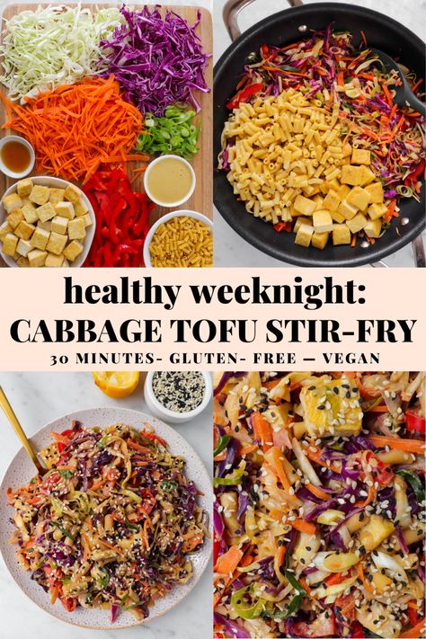 This Cabbage tofu stir fry with spicy tahini sauce is made with gluten-free pasta for a delicious healthy weeknight meal idea. It’s naturally vegan, packed with veggies and will be on the table in 30 minutes! #stirfryrecipes #vegan #easymealprep #tofustirfry #tofu #vegetarian #veganrecipes Tofu Rice Veggies, Tofu And Cabbage Recipes, Tofu Cabbage Stir Fry, Chef Babette, Spicy Tahini Sauce, Cabbage Tofu, Vegan Stir Fry, Vegan Entrees, Tempeh Recipes