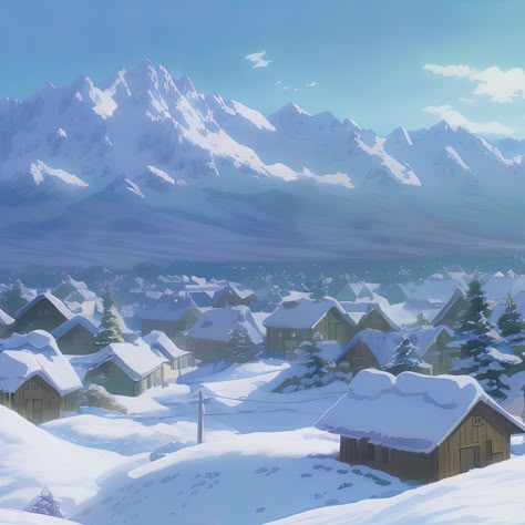 Japanese Snow Village, Studio Ghibli Village, Studio Ghibli Winter Aesthetic, Snowy Mountain Village Fantasy Art, Snowy Village Art, Winter Studio Ghibli, Snowy Village Fantasy Art, Fantasy Snow Village, Snowy Town Aesthetic