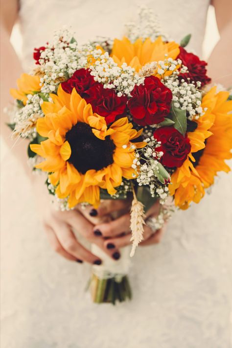 Sunflower Burgundy Bouquet, Red Roses Sunflowers Bouquet, Burgundy And Yellow Floral Arrangements, Red And White Roses With Sunflowers, Sunflower Rose Wedding Bouquet, Simple Fall Wedding Bouquets With Sunflowers, Wedding Bouquets Sunflowers And Roses, Sunflowers And Red Roses Bouquet, Sunflower Rose Bouquet Wedding Ideas