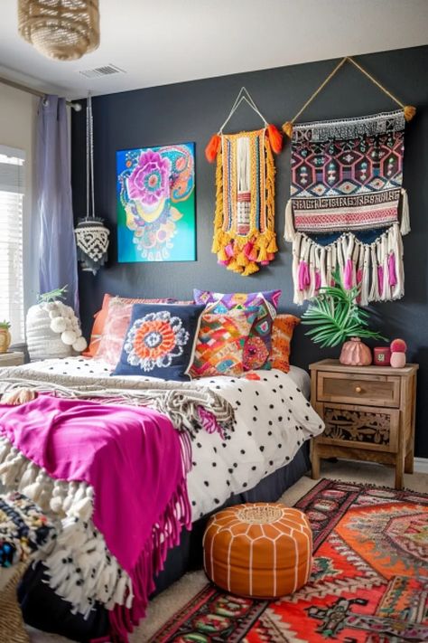 25 Grey Boho Bedroom Ideas You Can Totally Pull Off - Natural Life Bedroom, Bizarre Decor, Grey Boho Bedroom Ideas, Bright Boho Bedroom, Purple And Grey Bedroom Ideas, Grey Boho Bedroom, Colorful Boho Bedroom Ideas, Different Color Shoes, Colorful Boho Bedroom