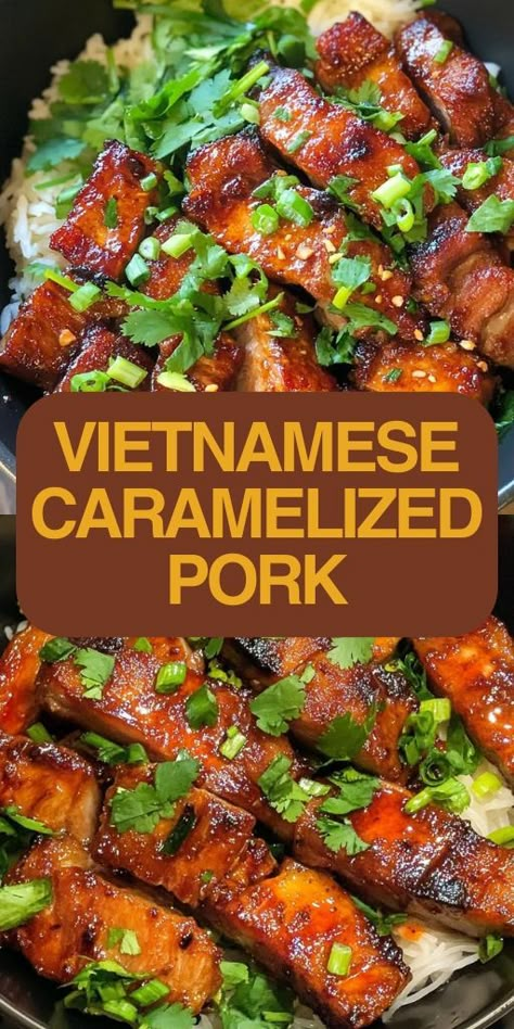 🍲 Bring flavor home with these Vietnamese Caramelized Pork Bowls! Tender pork is caramelized to perfection, paired with rice, and packed with authentic Vietnamese flavors. Easy to make, this dish is perfect for a quick dinner or meal prep. Save this recipe to bring the taste of Vietnam to your table! #CaramelizedPork #VietnameseFood #EasyDinner #MealPrep #AsianCuisine 🍛 Caramelized Pork Chops, Vietnamese Hot Pot Recipe, Dinner Recipes Vietnamese, Vietnamese Pork Loin Recipes, Vietnamese Pork Belly Recipes, Vietnamese Recipes Easy, Best Vietnamese Recipes, Vietnamese Dishes Food Recipes, Easy Pork Recipes For Dinner