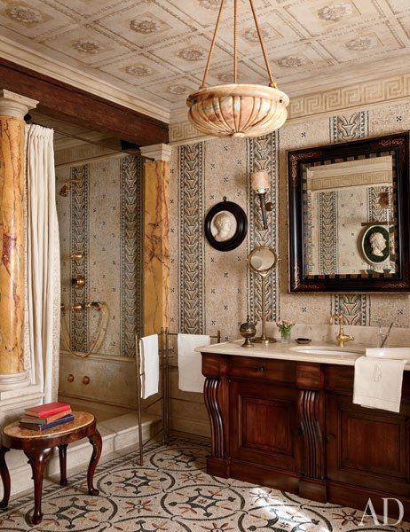 Ceiling. Otherwise too busy for my taste. Studio Peregalli Renovates the Sumptuous Villa Bucciol Roman Bathroom, Studio Peregalli, Italy Home, Italian Interior, Deco Retro, Roman Fashion, Traditional Bathroom, Classic Interior, Bathroom Styling