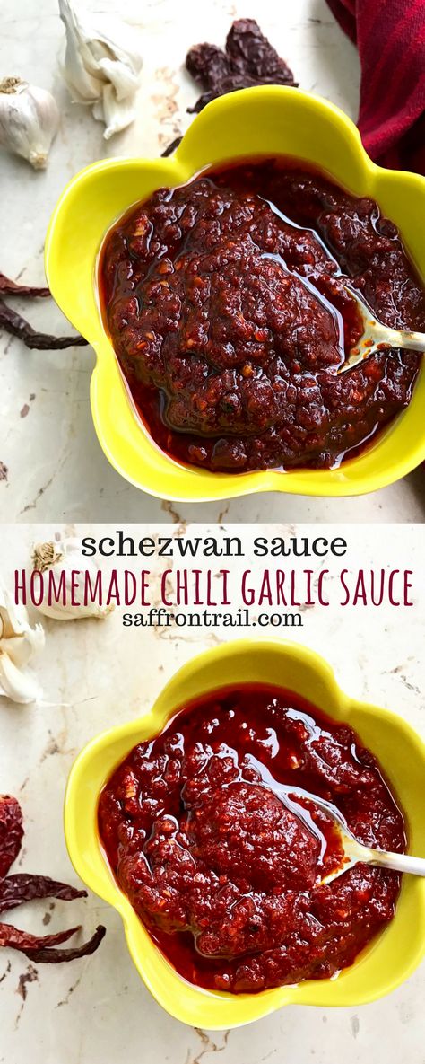 This homemade Schezwan sauce can be used to make Schezwan noodles or Schezwan fried rice or had as a dip with appetisers. Make a bottle of this when you have some time and you are just minutes away from a delicious Indochinese meal. Recipes With Chili Garlic Sauce, Schezwan Fried Rice, Schezwan Noodles, Soup Chinese, Schezwan Sauce, Garlic Sauce Recipe, Chili Garlic Sauce, Homemade Chili, Chutney Recipes