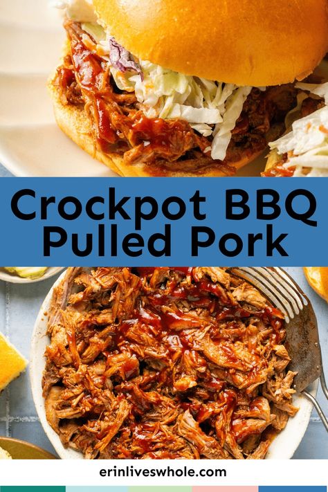 Tonight's dinner just got way easier! This Crockpot BBQ Pulled Pork is a simple recipe that combines lots of ease and even more flavor. With 8 servings, this dish is great for a crowd! Pulled Pork Crockpot, Bbq Pork Crockpot, Easy Pulled Pork Crock Pot, Crockpot Pulled Pork Bbq, Whole Recipes, Erin Lives Whole, Pork Crockpot, Chicken Chimichangas, Bbq Pulled Pork Recipe