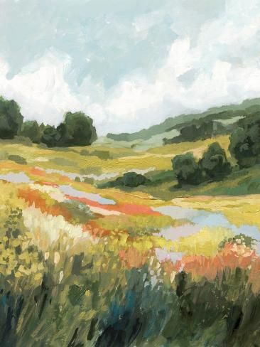 size: 12x9in Art Print: Prairie Grass Vista II by Victoria Barnes : Watercolor Art For Wall Decor, Green Pastures Painting, Mixed Media Landscape Painting, French Cottage Art, Mountain Meadow Painting, Abstract Field Painting, Cottage Landscape Painting, Texas Landscape Art, Beautiful Nature Painting