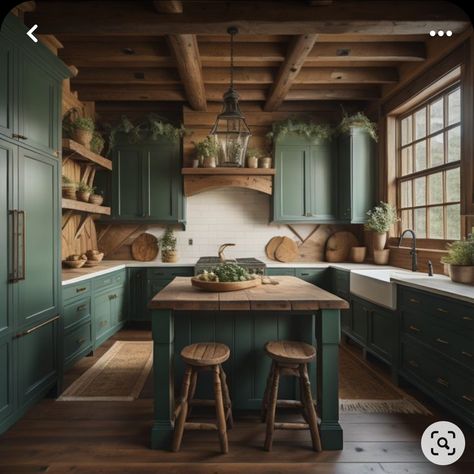 Green Cabinets Kitchen Rustic, Dark Green Kitchen With White Cabinets, Log Cabin Kitchen Flooring Ideas, Blue Cabinets Green Walls, Green Kitchen With Brown Cabinets, Modern Living Room With Vintage Twist, Pine Green Kitchen Cabinets, Green Walls Wood Cabinets, Cabin Green Kitchen