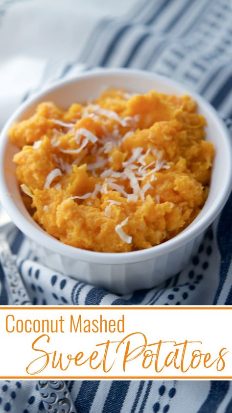 Fresh sweet potatoes mashed with coconut milk, coconut flakes butter and salt are super creamy and delicious. Sweet Potatoes Mashed, Recipes Using Coconut Milk, Whipped Sweet Potatoes, Potatoes Mashed, Sweet Potato Recipes Mashed, Coconut Lime Chicken, Vegetable Side Dishes Recipes, Potato Puree, Mashed Sweet Potatoes