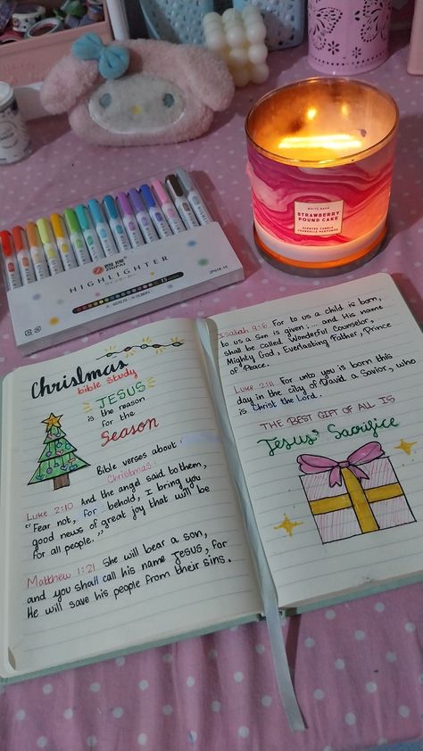 Christmas bible study!! 🎄 | 🛍: highlighters from shein, candle from bath and body works <3 | 🏷: #bible #biblestudy #christian #christmas #christiangirl #god #jesuslovesyou Christmas, Bible study, Bible, Christian girl | 💌 Christmas Bible Challenge, Christmas Bible Study For Teens, Teen Girl Bible Study Ideas, Girls Bible Study Ideas, Christmas Bible Journaling Ideas, Christmas Bible Journaling, Devotional Notes, Teen Girls Bible Study, Christmas Bible Study