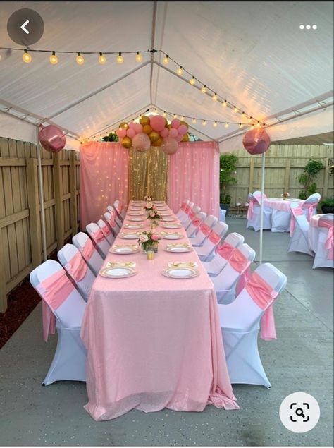 Small Quinceanera Party Ideas At Home, Pink Graduation Party Decorations, Light Pink Birthday Party, 16 Party Decorations, Bbq Baby Shower Decorations, Light Pink Birthday, 12th Birthday Party Ideas, Pink Graduation Party, Party Decorations Pink