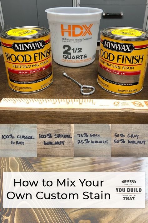 Sometimes you just can't find the stain color you want. In that case, Why not make your own. Follow these easy steps to create your own custom stain combination.  #stain #minwax #customstain #mixingstain #diy Upcycling, Special Walnut And Classic Gray Stain, Special Walnut Stain Furniture, Farmhouse Stain Color, Barnwood Stain Color, Minwax Stain Combinations, Farmhouse Wood Stain Color, Popular Stains For Wood, Minwax Habitat Stain