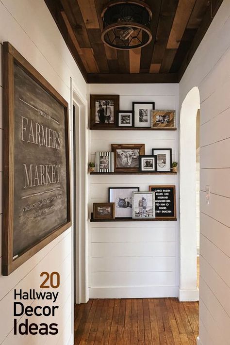 Browse the best hallway decor ideas and hallway designs for walls and the end of hallways. See narrow and small hallways brought to life with stylish wall decor and farmhouse style. Picture Gallery Hallway, Entry To Master Suite, Hallway Rustic Decor, Hallway Decor Farmhouse, Pictures On Shiplap Wall, Bedroom Hallway Decorating Ideas, End Of Hallway Accent Wall Ideas, Industrial Farmhouse Hallway, Farmhouse Style Hallway