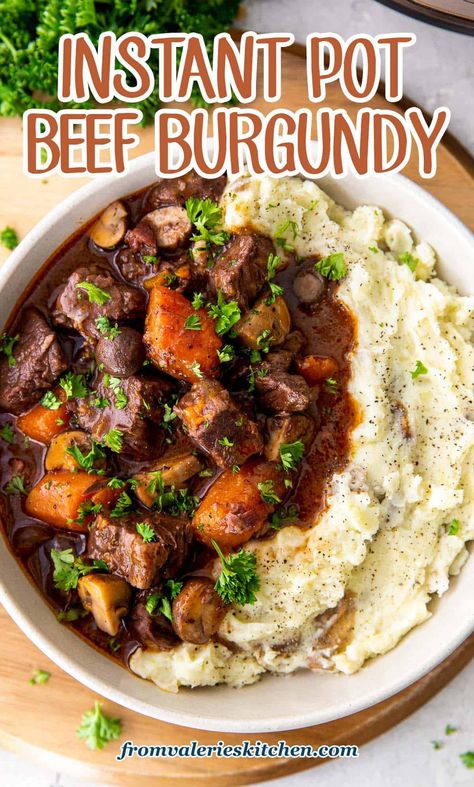 Instant Pot Beef Burgundy with tender chunks of beef, carrots, and mushrooms in a luscious gravy. Pressure cooking creates the best beef bourguignon in a fraction of the time. Rustic, flavorful and sure to impress! Beef Shank Recipe Instant Pot, Beef Round Steak Recipes, Burgundy Beef, Cooking Stew Beef, Beef Stew Meat Recipes, Instant Pot Stew, Beef Burgundy, Sirloin Steak Recipes, Round Steak Recipes