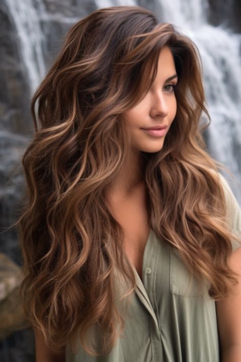 Elevate your hairstyle’s allure with waterfall layers creating a mesmerizing cascading effect. This technique works well on wavy hair, adding fluidity and movement to your locks. Click here to check out more layered haircuts and hairstyles for long hair. Curly Highlights, Rambut Brunette, Long Haircuts, Brunette Hair With Highlights, Brunette Balayage Hair, Military Ball, Hair Haircuts, Balayage Brunette, Long Layered Hair