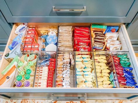 Messy Drawer, Nursery Drawer Organization, Desk Snacks, Narrow Pantry, Snack Drawer, Kid Pantry, Pantry Bin, Pantry Drawers, Snack Organizer