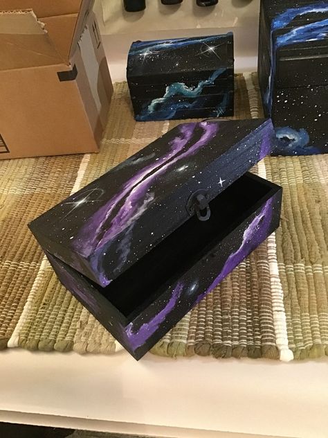 Galaxy box hand painted chest outerspace original art jewelry image 7 Galaxy Box Painting, Painted Stash Box Ideas, Painting Wooden Boxes Ideas, Painted Wooden Boxes Diy Ideas, Chest Painting Ideas, Hand Painted Wooden Box Ideas, Painted Treasure Chest, Hand Painted Jewelry Boxes, Galaxy Clouds