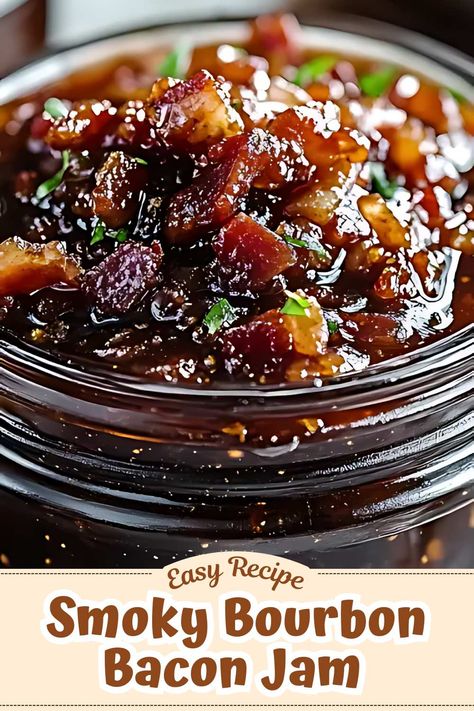 Smoky Bourbon Bacon Jam - MmmRecipes : Easy and Delicious Recipes Canned Bacon Jam Recipe, Candied Bacon Jam, Recipes Using Bourbon, Bacon Pepper Jelly Recipes, Bacon Jelly Recipe, Blackstone Christmas Recipes, Whiskey Food Recipes, Bacon Marmalade Recipe, Hot Pepper Bacon Jelly Recipe