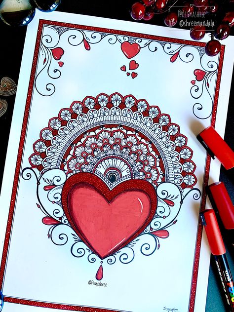 Mandala Heart Drawing, Best Rangoli For Diwali, Valentine Week, Heart Mandala, Watercolor Mandala, Easy Mandala, Easy Mandala Drawing, Mandala Patterns, Mandala Art Therapy