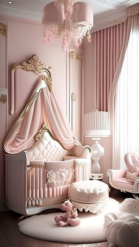 ♔ La Nurserie Rose Royal Princess Nursery, Boho Princess Room, Sleeping Beauty Room, Princess Baby Room, Sleeping Beauty Nursery, Princess Nursery Theme, Princess Nursery Room, Rococo Bedroom, Luxury Baby Nursery