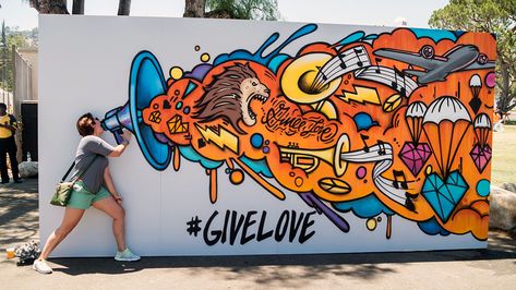 An interactive photo backdrop wall for a music festival in Pasadena, CA.  This piece was created for Andy Grammer and his #GiveLove campaign.  We specialize in consulting and producing music festival art all over the country.  Visit our website or call 646-801-6024 to chat about partnering for your music festival event. Selfie Wall, School Murals, Street Mural, Banksy Graffiti, Graffiti Murals, Toy Art, Interactive Art, Murals Street Art, Graffiti Wall Art