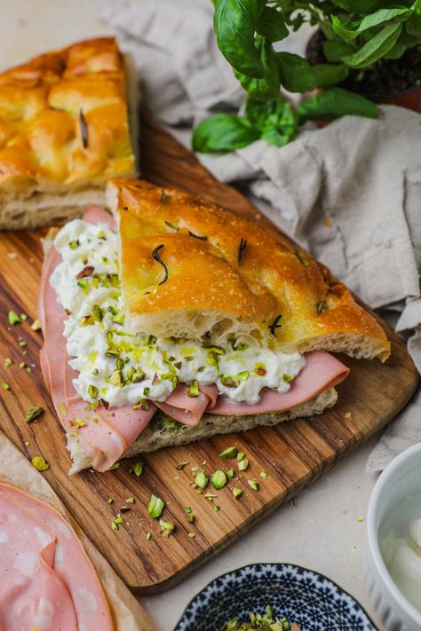 Mortadella, Burrata, and Pesto Panino (Sandwich) Italian Burrata Sandwich, Mortadella Pizza, Mortadella Sandwich, Picky Bits, Burrata Pizza, Homemade Pesto Recipe, Pistachio Pesto, Easy Pasta Dinner, Walnut Pesto