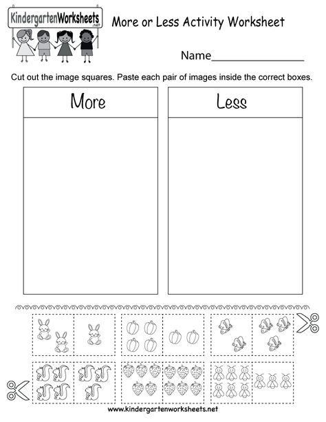 Kindergarten More or Less Activity Worksheet Printable More Or Less Worksheets, Comparing Numbers Kindergarten, Kindergarten Math Free, Kindergarten Math Worksheets Free, Activity Worksheet, Mathematics Worksheets, Preschool Math Worksheets, Numbers Kindergarten, Kids Math Worksheets