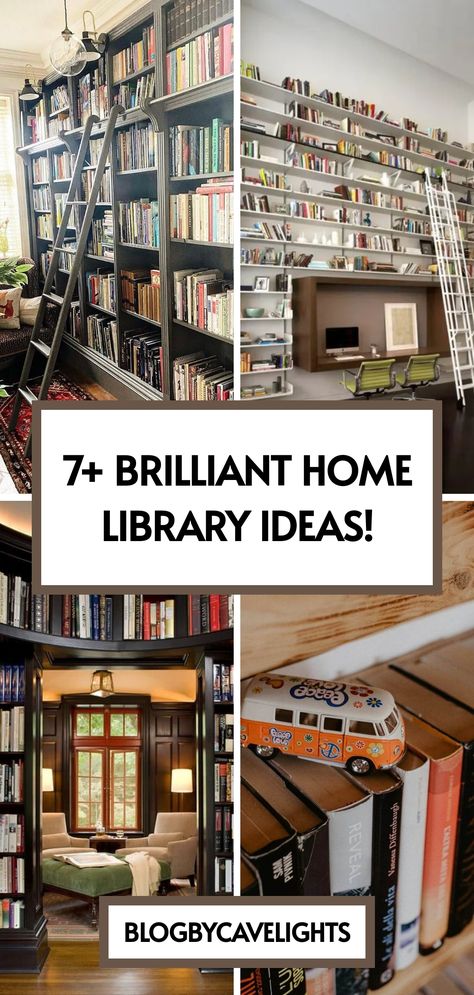 7 home library ideas Library Diy Ideas, Library Bookcase Design, Bright Library Aesthetic, Small Living Room Library, Library In Living Room, Built In Library Wall, Cozy Home Library Ideas, Farmhouse Library, Home Library Ideas